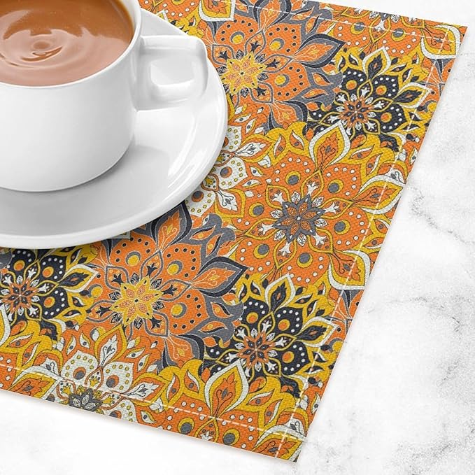 Mandala Placemats Set of 4 Vintage Bohemia Orange Flower Art Printed Dining Table Mats for Restaurant Home Kitchen Holiday Picnic Party Decor 12x18in