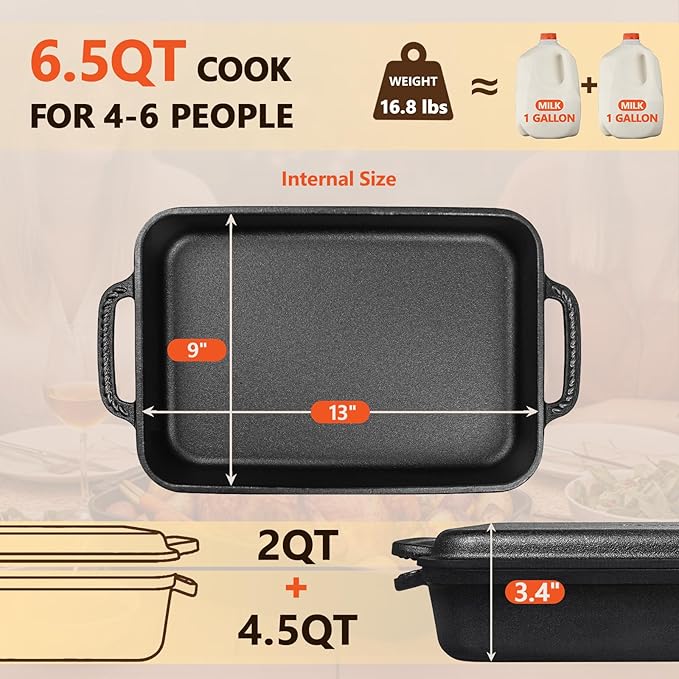 Lvmol 9x13" Casserole Dishes for Oven with Lids - 2-In-1 Pre-Seasoned Cast Iron Baking Dish for Lasagna, Sourdough Bread
