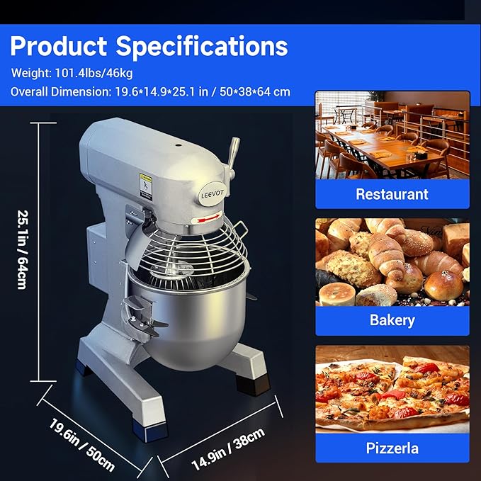 EKway Commercial Food Mixer 15 Qt with Timing Function,600W Commercial mixers 3 Speed Adjustable,Electric Stand Commercial Dough Mixer with Stainless Steel Bowl for Bakery Pizzeria