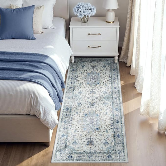 Area Rugs 3'x7' Runner Rug Non Slip Washable for Kitchen Hallway Bedroom Beside Laundry Room Bathroom Rug, Floor Carpet, Light Blue Navy Beige Gray White