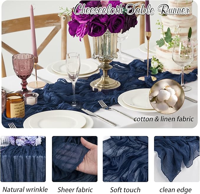 Navy Blue Cheesecloth Table Runner 6 Pack 35" Boho Gauze Runner 120 inches Long Runner Rustic Sheer Fabric Bulk for Baby Shower Wedding Bridal Birthday Party Table Decorations