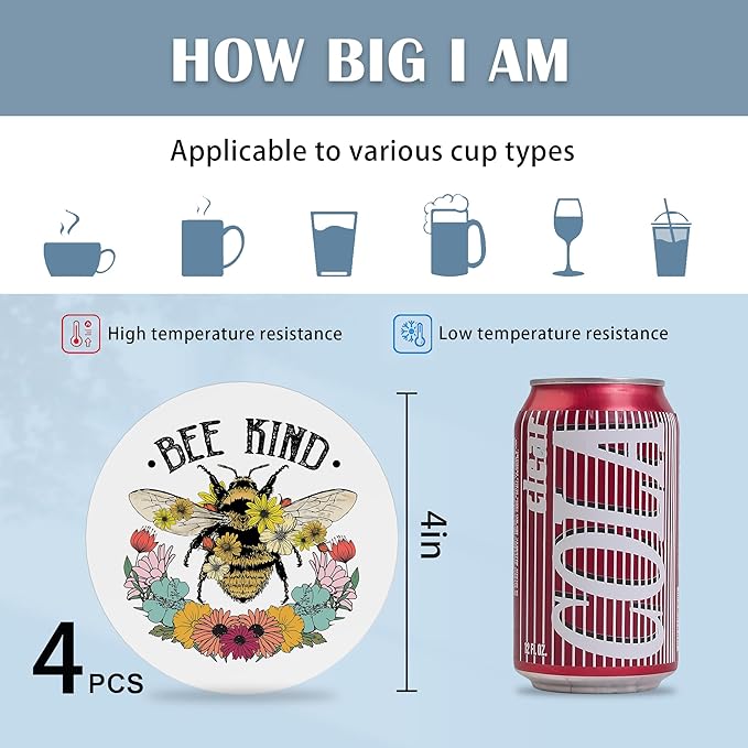 Coasters for Drinks,Bee Kind Wild Flower Absorbent Coaster Set of 4 with Cork Base,Ceramic Drink Coasters for Cold Drinks Wine Glasses Cups Mugs,Housewarming Gifts for Home Decor