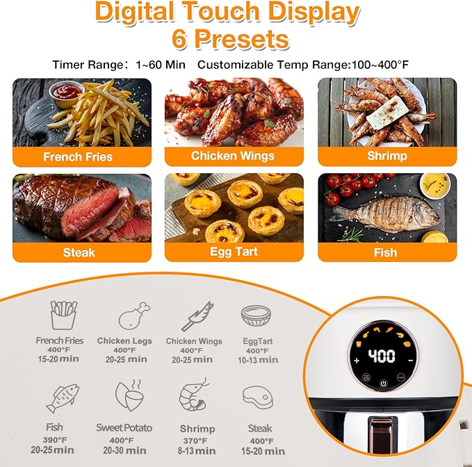 GYMODE 4.7QT Glass Air Fryer, 360° Viewable Glass Air Fryer Non Toxic, 6-IN-1 Preset Cook Modes, Digital Display, Adjustable Temp 100F - 400F, Nonstick, Dishwasher Safe, White