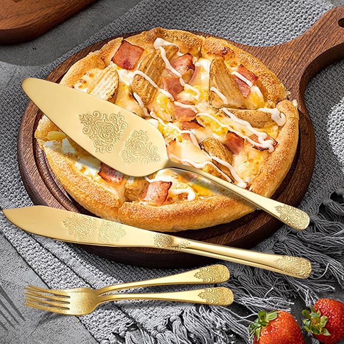 tiokin Cake Cutting Set for Wedding, Elegant Cake Knife and Server Set with Thickened Stainless Steel Rounded Edges, Cake Cutter Pie Spatula for Birthday Anniversary Christmas 2 Pcs Gold