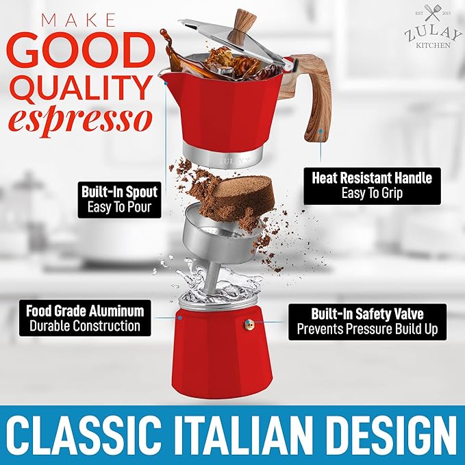 Zulay Kitchen Stovetop Espresso Maker - Moka Pot 6 Espresso Cups - Percolator Coffee Maker for Classic Cuban & Italian Style Espresso - Portable Coffee Maker for Camping & Travel - (Red)