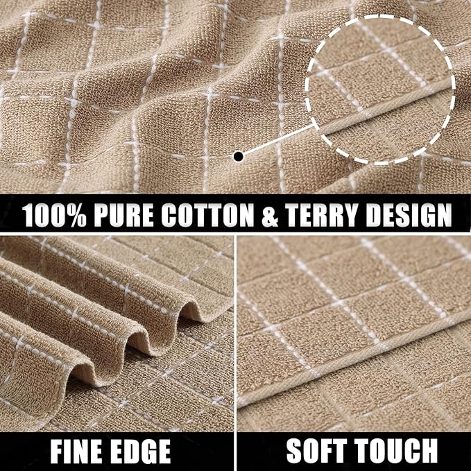 Mordimy 100% Cotton Terry Cloth Kitchen Towels, Super Soft and Absorbent Dish Towels for Drying, Checkered Designed Hand Towels for Kitchen, 16 x 26 Inches, 6 Pack, Tan