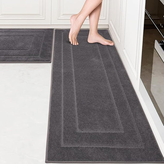 PURRUGS Machine Washable Kitchen Rug Set [2 PCS] (24" x 35.5"+ 24" x 59"), Non-Slip/Skid Kitchen Runner Rugs & Floor Mats, Super Absorbent Soft Standing Mats for Kitchen, Laundry & Sink, Grey