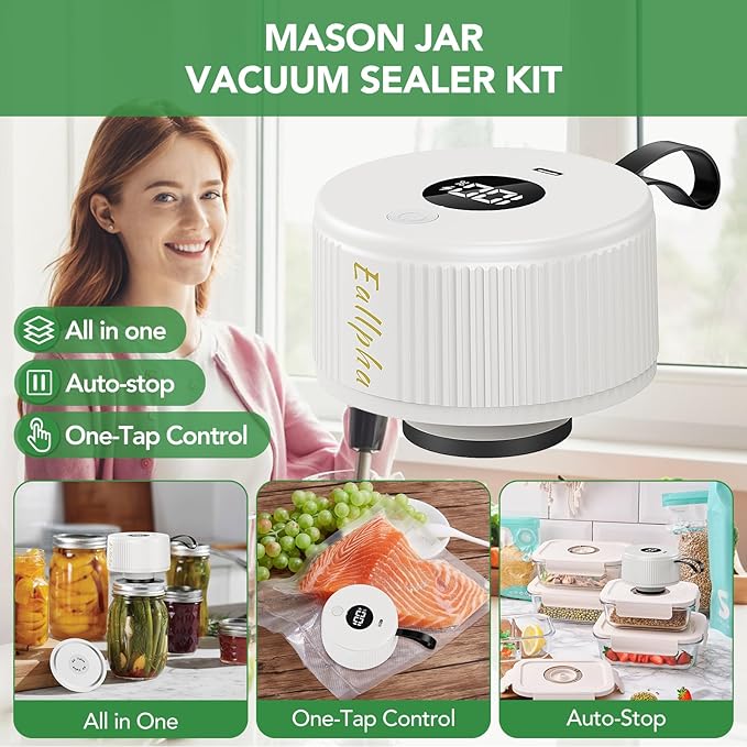 Electric Mason Jar Vacuum Sealer | 3 in 1 Vacuum Sealer for Mason Jars with 30 Lids (Wide/Reg)+5 Food Storage Bags,One-Tap Control,Mason Jar Sealer for Canning Pickling Meal Prep & Dry Goods
