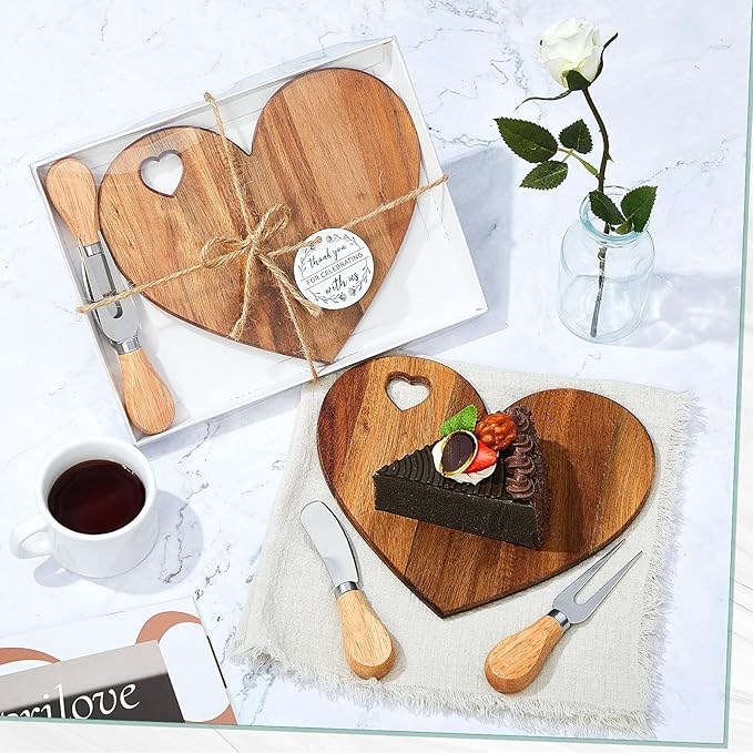 Patelai 18 Set Bridal Baby Shower Favor Heart Cheese Board with Knife, Wood Mini Charcuterie Board Thank You Gift Box for Guest Bridal Baby Shower Prize Wedding Valentines Birthday (Acacia Color)
