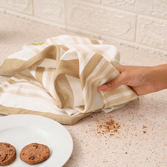 Kitchen Towel Set of 6, 100% Cotton Quick-Drying Absorbent Dish Towels & Tea Cloths, 20x30 Inch, Decorative Farmhouse Towels for Kitchen, Beige Stripes
