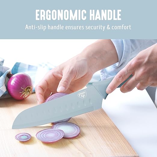 GreenLife 6 Piece Kitchen Knife Set, Rust-Resistant Nonstick Coating, High Carbon Stainless Steel Knives, Blade Guards, Razor Sharp, Ergonomic Handle, Chef, Santoku, Paring, Blue Haze