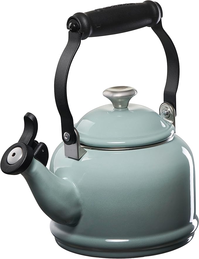 Le Creuset Enamel On Steel Demi Kettle with Metal Finishes & Stoneware Set of 2 Mugs, 1.25 qt. Kettle & (2) 14 oz. Mugs, Sea Salt