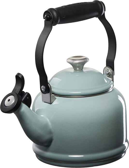 Le Creuset Enamel On Steel Demi Kettle with Metal Finishes & Stoneware Set of 2 Mugs, 1.25 qt. Kettle & (2) 14 oz. Mugs, Sea Salt