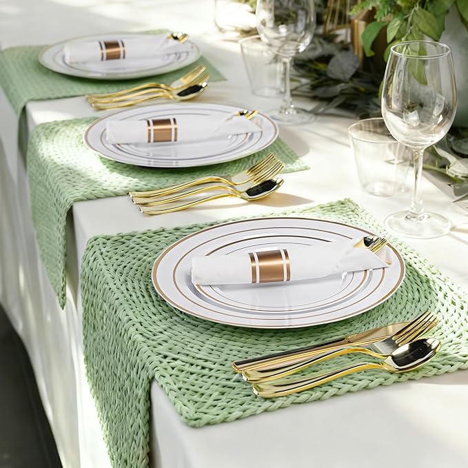 400PCS Pre Rolled Gold Plastic Silverware Sets, Heavy Duty Gold Cutlery, Include 100 Pack Wrapped Disposable Utensils with Napkins for Parties and Weddings