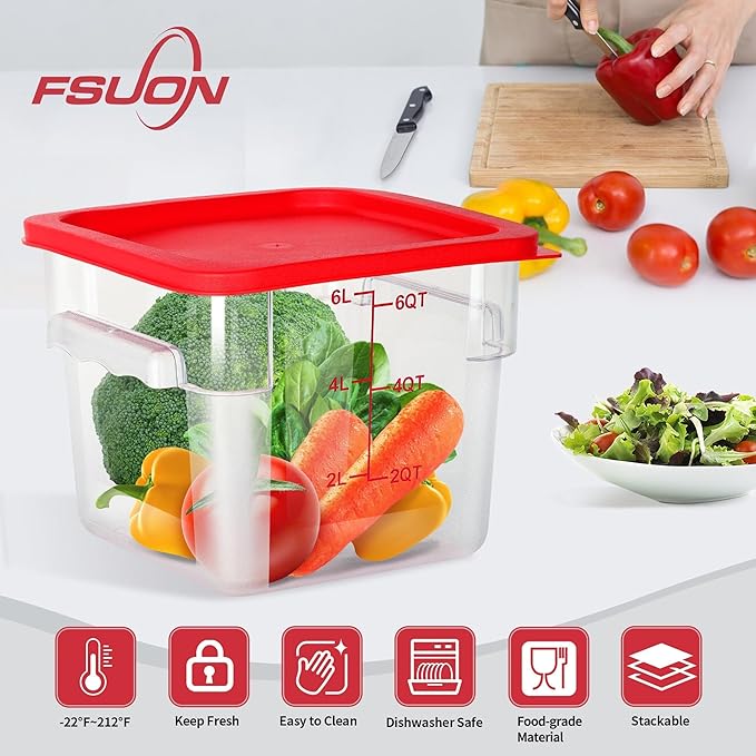FSUON 4 Pack Clear Food Storage Containers with Lids and Handles Polycarbonate Square Commercial Food Containers, NSF (6Qt)