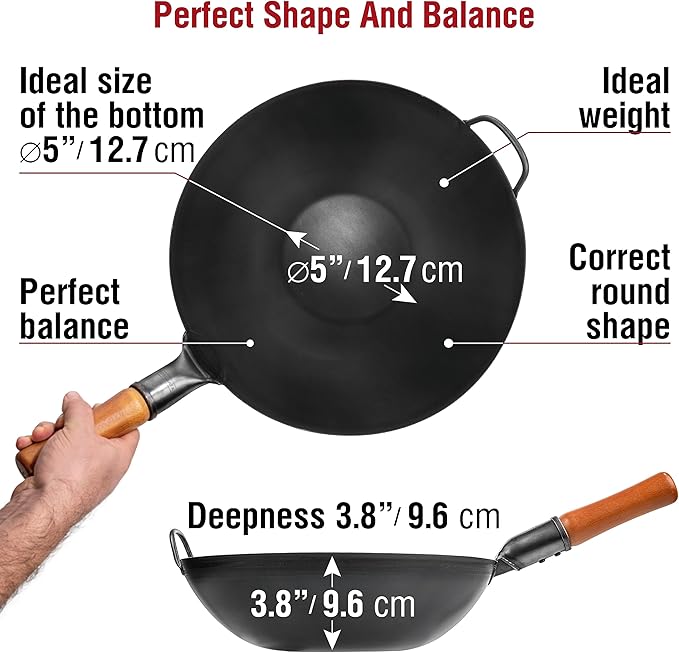 YOSUKATA Carbon Steel Wok and Stir Fry Pans 13,5 “ + 17’’ Wok Spatula and Ladle