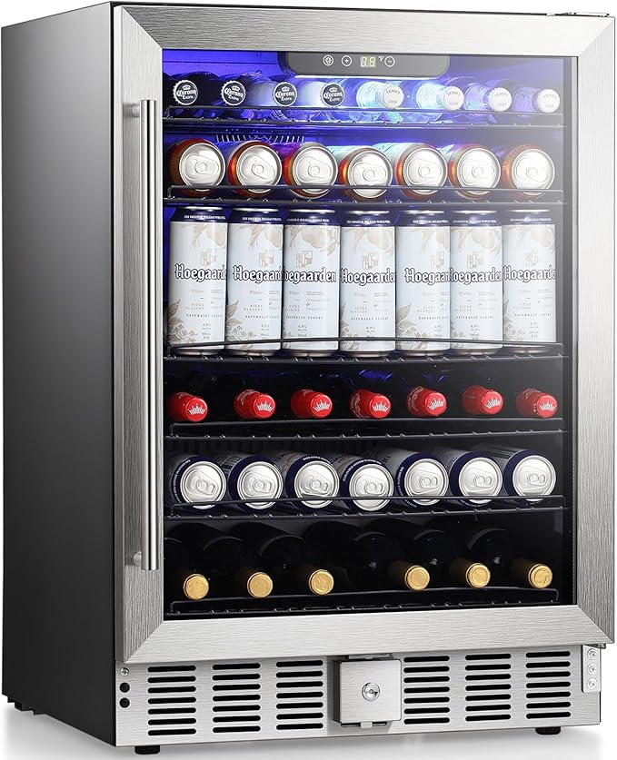 Antarctic Star 166 Can Beverage Refrigerator Cooler, 5.1 Cu.Ft Mini Fridge with Safety Lock, Beverage Cooler with Glass Door/LED Light/Adjustable Removable Shelves for Home/Office/Bar(Stainless Steel)