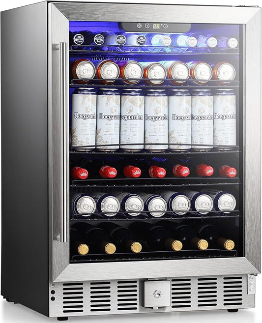 Antarctic Star 166 Can Beverage Refrigerator Cooler, 5.1 Cu.Ft Mini Fridge with Safety Lock, Beverage Cooler with Glass Door/LED Light/Adjustable Removable Shelves for Home/Office/Bar(Stainless Steel)