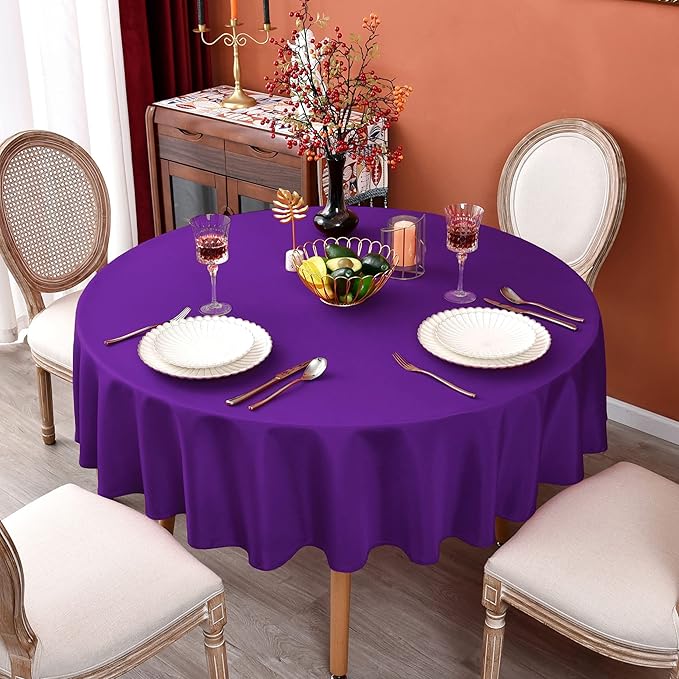 MEANMOY Purple 210 GSM Water & Stain Resistant Round Tablecloth for Circle Table - Solid 90 Inch Table Cloth Cover in Wrinkle Free Durable Washable Polyester Fabric for Wedding, Party, Banquet