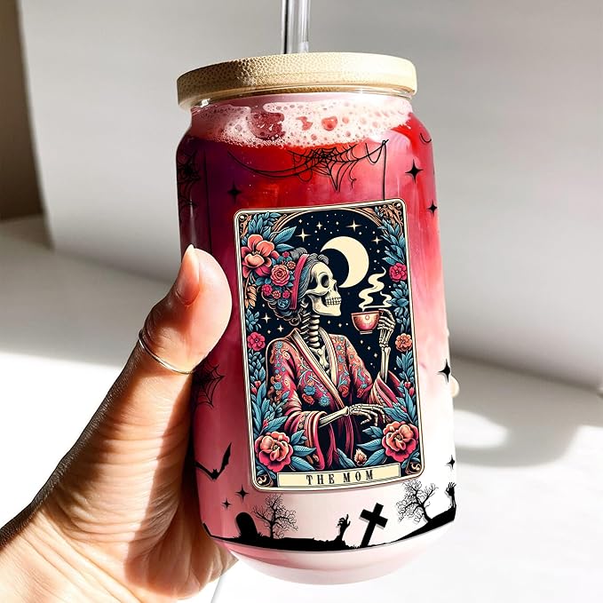 Funny Skeleton Mom 16 Oz Iced Coffee Cups Tarot Card Halloween Glass with Lids and Straws Spooky Skull Drinking Glasses Mommy Witchy Mugs Gothic Christmas Gifts for Women Mama Aunt Coworkers