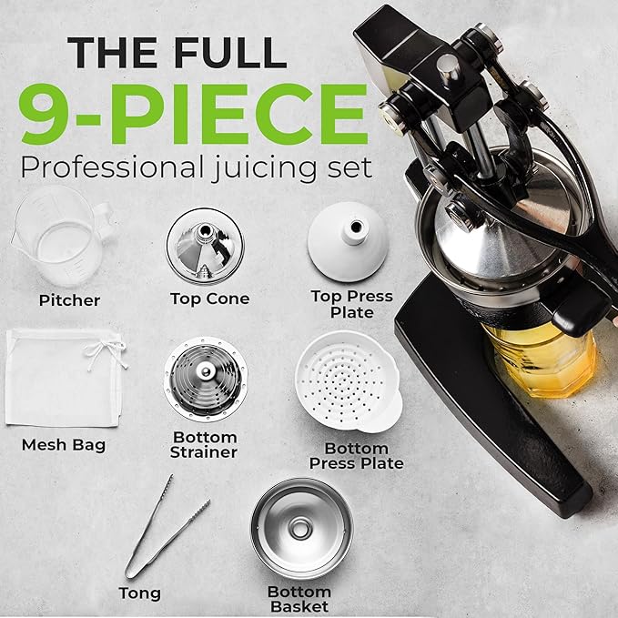 Zulay Kitchen 9 in 1 Cast Iron Juicer - Easy-to-Clean Heavy-Duty Manual Juicer with Presser Attachment to Juice All Types of Fruits! Extra Tall with Stainless Steel Bowl - Black