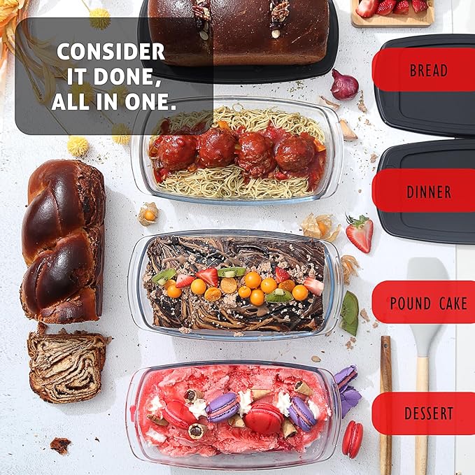 EATEX Glass Bread Pans for Homemade Bread Baking, 1.9 Quart Deep Rectangular Glass Food Storage Containers with Lids, 3 Bread Loaf Pans 3 Airtight Lids Black BPA Free Microwave Oven & Freezer Safe