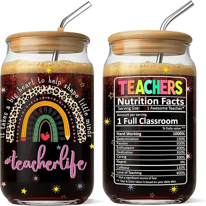 Teacher Appreciation Gifts 16 Oz Glass Cup with Lid and Straw It Takes Big Heart To Help Shape Little Minds Coffee Tumbler Birthday Christmas Thank You Gift for Teachers Women Coworkers