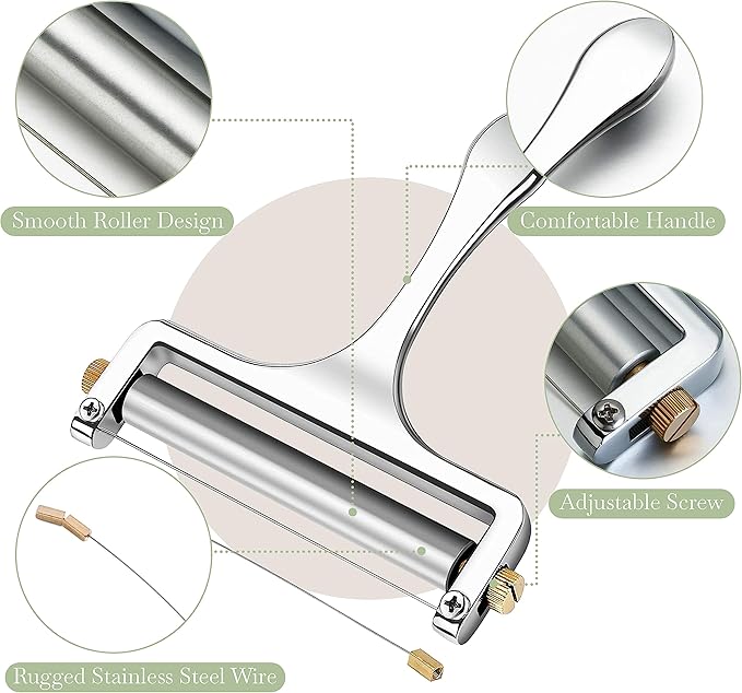 Bellemain Stainless Steel Wire Cheese Slicer - Hand Held Cutter for Cheddar, Gruyere, Raclette, Mozzarella Block, Adjustable Shaver, Thick & Thin Slicer, Curler (Silver)