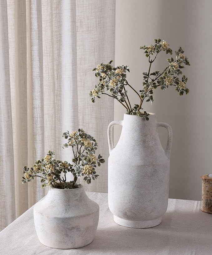 11'' Rustic Ceramic Flower Vase with Dual Handles Farmhouse Pottery Vases Decorative Large Vases for House Entryway Kitchen Table Centerpieces, Vintage White