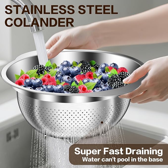 Colanders and Strainers, Stainless Steel Colander Set, Pasta Strainer & Vegetable Washer, Kitchen Strainer with Matching Bowl for Draining, Soaking and Food Prep, Dishwasher Safe, Silver-4QT
