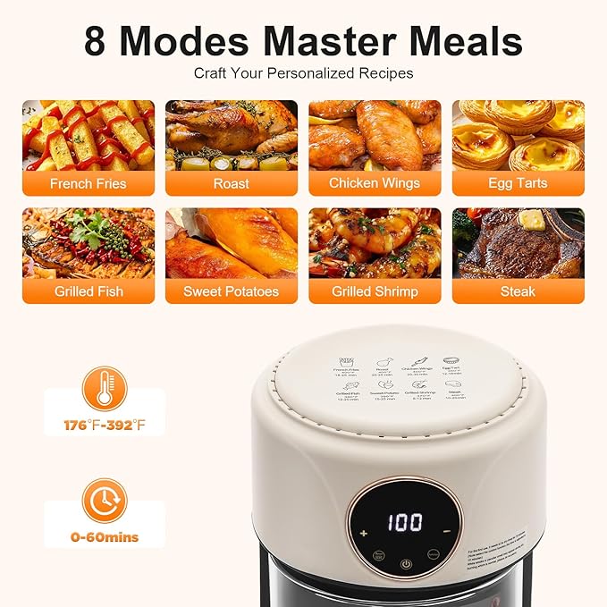 4.2L Glass Air Fryer with Transparent Fry Bowl,1200W 360° Viewable Air Fryer with Digital Display, Countertop Convection Oven,176℉-392℉ Adjustable,60-Min Timer, 8 Modes for Home,Outdoor Picnics