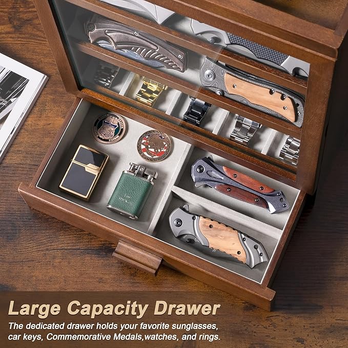 Singlispark Pocket Knife Display Case for 25 Knives, Large Wooden knife Cases for Collections, Vertical Knife Storage Case with Acrylic transparent panel for Men Gifts (Walnut)