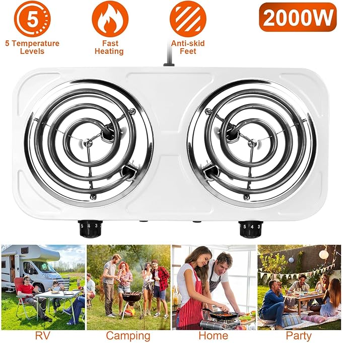 Portable Double Burner Electric Coil Heating Hot Plate Stove Countertop RV Hotplate Temperature Controls Easy to Clean 2000W