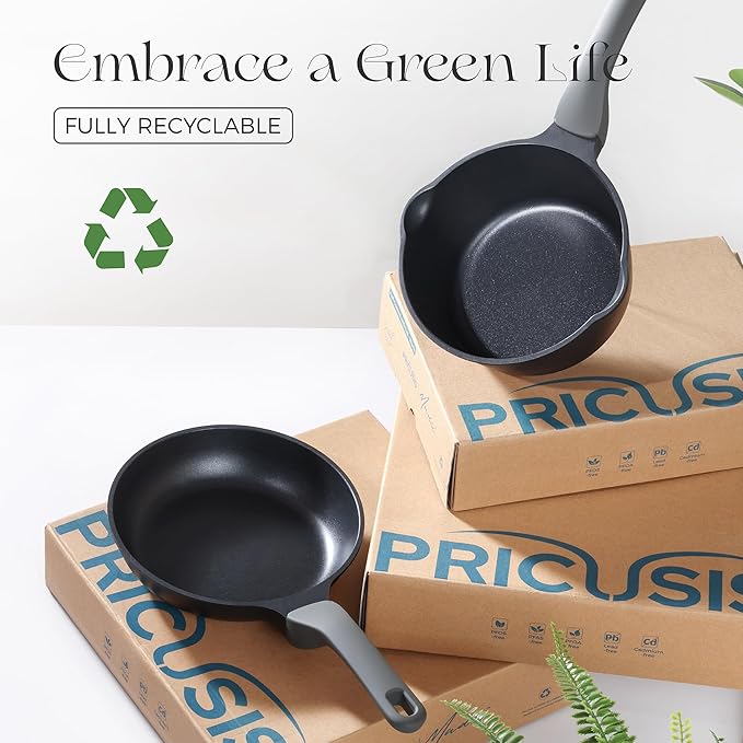PRICUSIS 8Pcs Nonstick Frying Pan Set with Lid, 8+10+12 Inch Induction Compatible Skillet with Stay Cool Handle, Fully Coated, 100% Dishwasher Safe, PTFE & PFOA Free (Black Sesame)