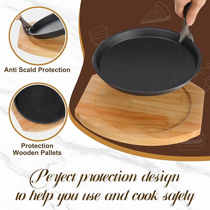 Mimorou 6 Set 8.7 Inch Cast Iron Fajita Plate Set with Wooden Base Anti Scald Protection Removable Handle Fajita Plate Sizzling Pan Cast Iron Skillets Sets for Home Restaurant Kitchen BBQ Cooking