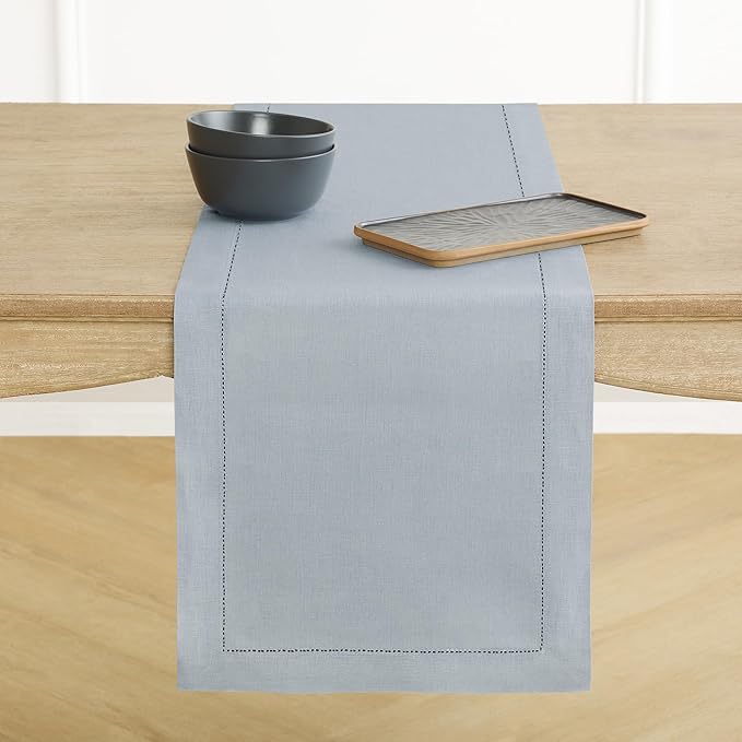 Solino Home Linen Dusty Blue Table Runner 36 Inches - Classic Hemstitch, 100% Pure Linen Coffee Table Runner 14 x 36 Inch Ideal for Dresser Tables - Winter, Spring, Easter