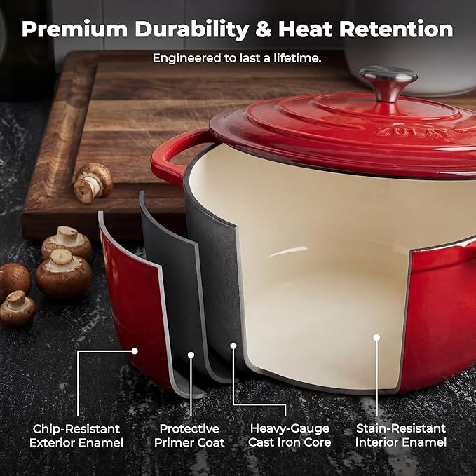 Zulay Kitchen 6 Quart Enameled Cast Iron Dutch Oven Pot with Lid – Premium Durability & Oven Safe up to 500°F – Heavy Duty Cookware Perfect for Bread Baking, Stews, Braising & Roasting – Red