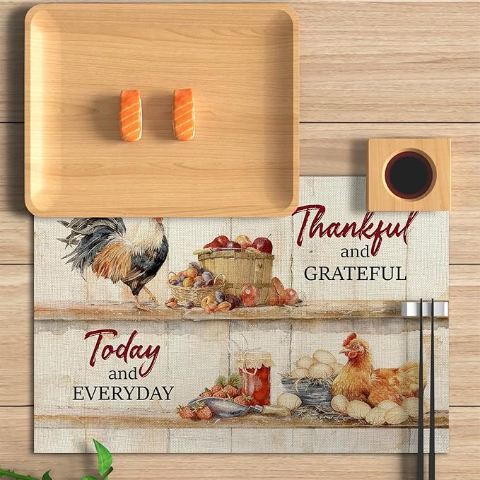 Cute Rooster Rustic Placemats Tablemats Resistant Place Mats Kitchen Decor Dining Decoration for Party, Washable Placemats Set of 4-10