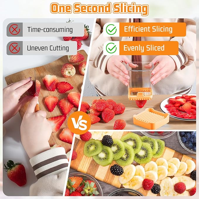 Fruit Slicer Cup for Strawberry, Banana, Hard-Boiled Egg - Detachable Cutter with Push Plate - Rapid & Safe Slicing Kitchen Gadget for Quick Meal Prep (Yellow)