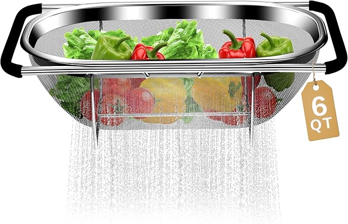Over the Sink Colander - 6QT Strainers and Colanders - Stainless Steel Strainer - Expandable Sink Colander with Rubber Grip for Strain, Drain, Rinse Fruits, Vegetables, Home Kitchen Essentials