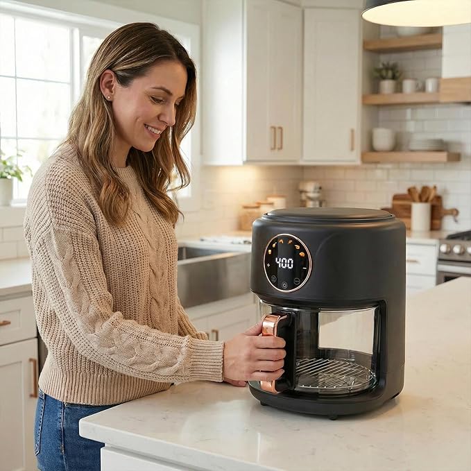 GYMODE 4.7QT Glass Air Fryer, 360° Viewable Glass Air Fryer Non Toxic, 6-IN-1 Preset Cook Modes, Digital Display, Adjustable Temp 100F - 400F, Nonstick, Dishwasher Safe, Black