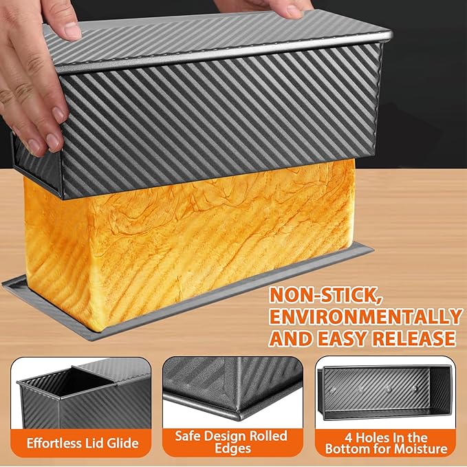 AVSQUINE Non-Stick Pullman Loaf Pan with Lid 13x4 Inch - 2.2lb Carbon Steel Bread Baking Pan with 4 Vent Holes, Heavy Duty Sourdough Loaf Pan with Cover for Homemade Sandwich Bread (Black)