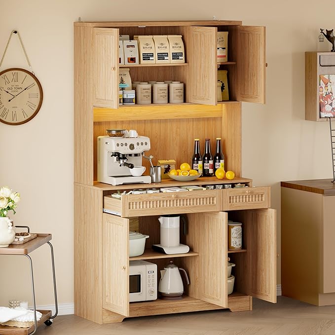 Pantry Cabinet with Charging Station and Light, Tall Kitchen Pantry Storage Cabinet with Microwave Stand, Wide Fluted Kitchen Hutch with Storage Drawers and Adjustable Shelves for Dining Room