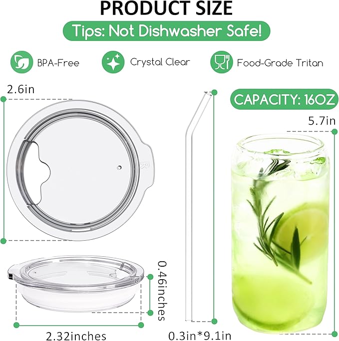 16OZ Drinking Glass Cup with Tritan Lid and Straw 6pcs Set, Cute Iced Coffee Cup, Aesthetic Glass Tumbler with Lid and Straw, Ideal Gift for Women, Birthday, Christmas