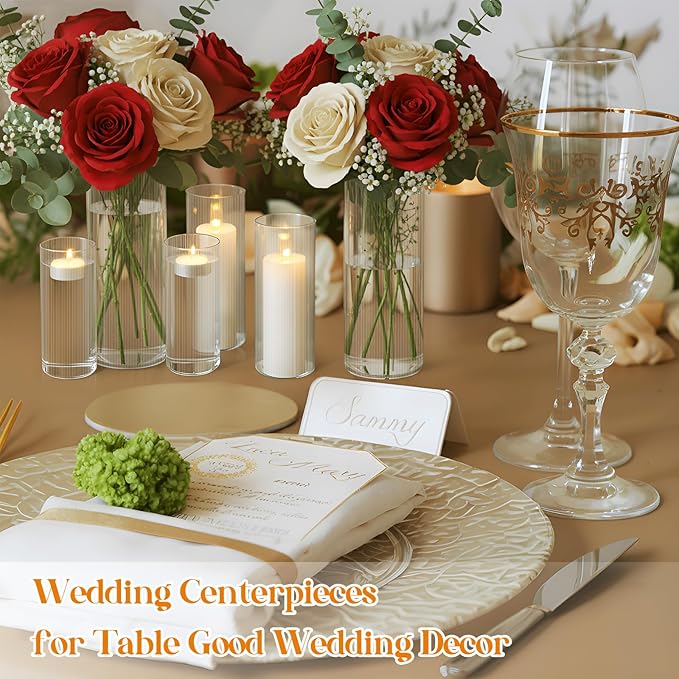 6 Pcs Ribbed Glass Candle Holder 6"/7.8"/10" Tall Cylinder Candle Holders Clear Round Flower Vases for Table Centerpiece Wedding Anniversary Home Decorations