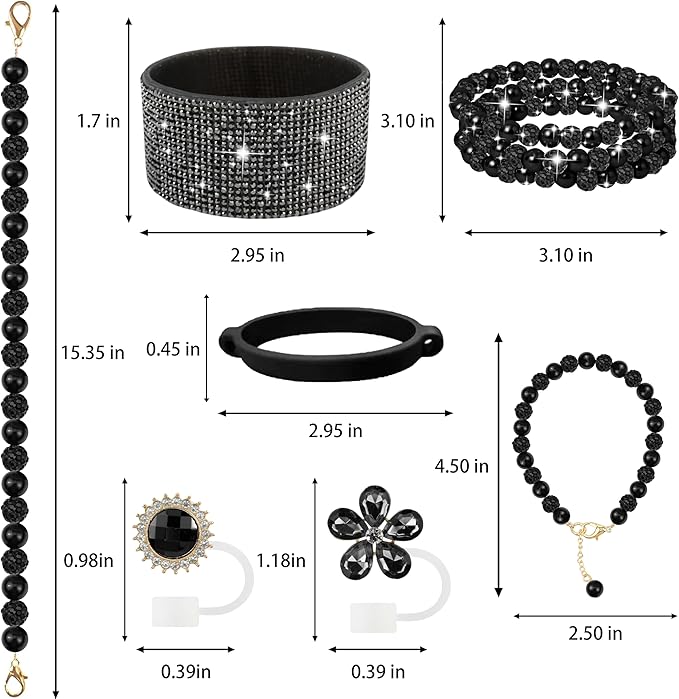 9PCS Black of Stanley Cup Accessories Set 30/40 OZ Bling Pearl Rhinestones Charms for Stanley Decorations Tumbler Accessories Including Flower Straw Topper, Rhinestones Boot 30/40 OZ