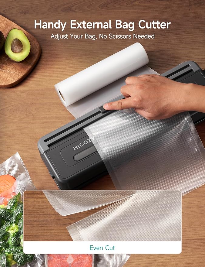 HiCOZY Compact Vacuum Sealer for Food, 5-in-1 Functions Vacuum Sealer with Detachable Drip Tray, Double Heat Seal, Built-in Cutter, 10 BPA-Free Bags, Space Gray