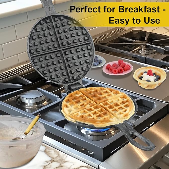 Cast Iron Waffle Maker for Stovetop or Grill, 7 inch Round Waffle Iron, Two Piece Hinged Non-Electric - Quick Heating, Easy Clean