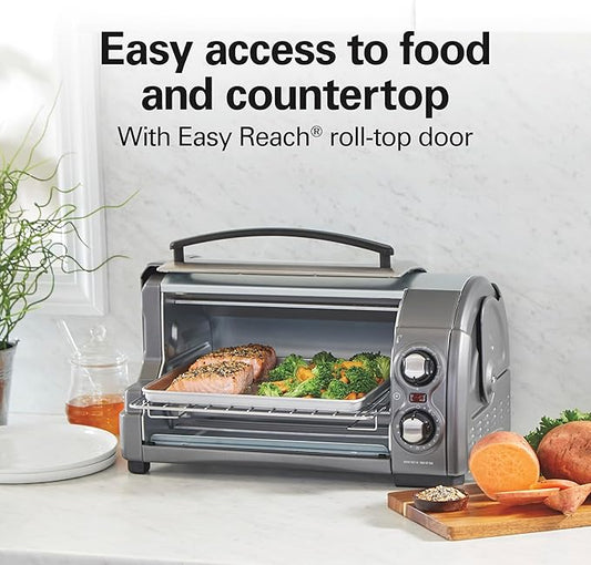 Hamilton Beach Easy Reach 4-Slice Countertop Toaster Oven With Roll-Top Door, 1200 Watts, Fits 9” Pizza, 3 Cooking Functions for Bake, Broil and Toast, Silver (31344DA)