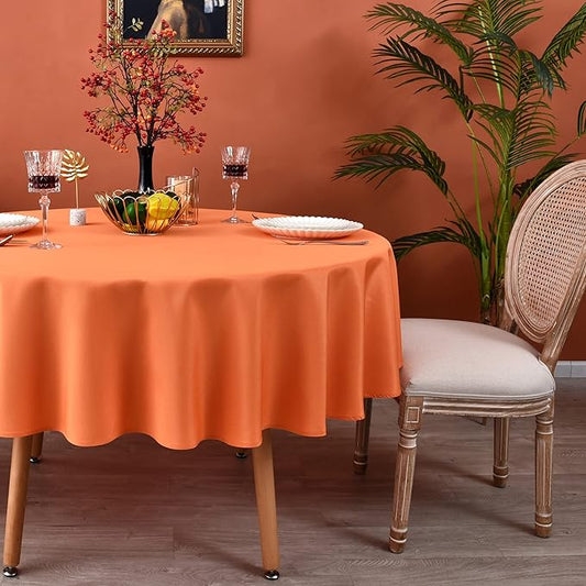 MEANMOY Orange 210 GSM Water & Stain Resistant Round Tablecloth for Circle Table - Solid 108 Inch Table Cloth Cover in Wrinkle Free Durable Washable Polyester Fabric for Wedding, Party, Banquet